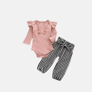 "STRIPED IN PINK" RIBBED BODYSUIT WITH PANT (STRIPED HEADBAND INCLUDED)