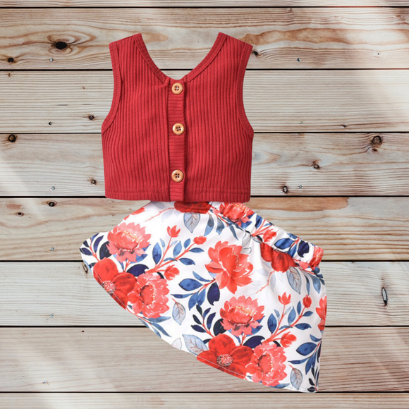 Red Floral Ribbed Set